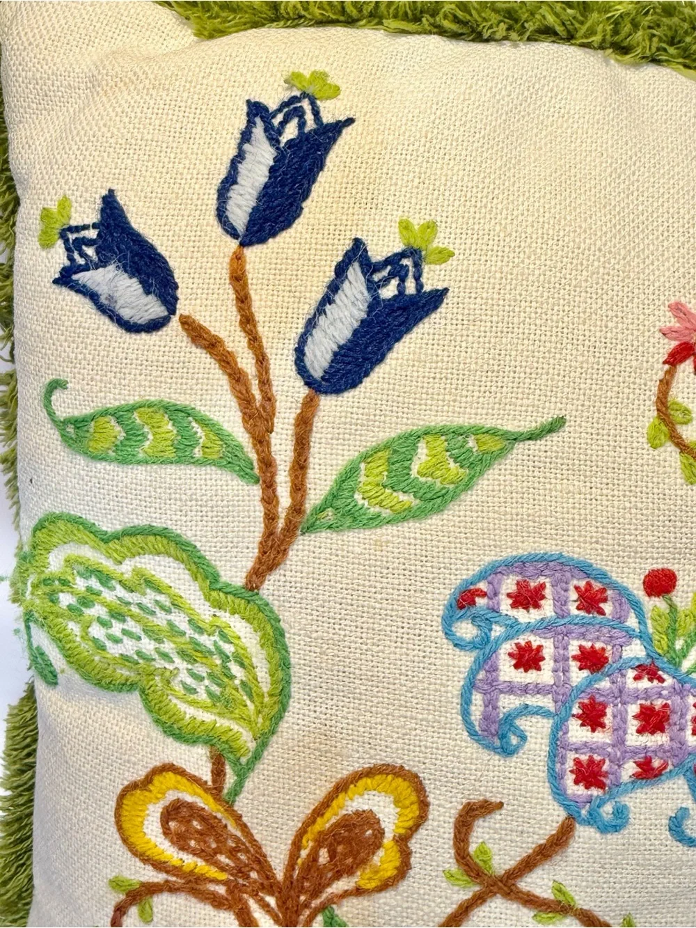 Crewel Embroidered Floral Throw Pillow Avocado Green Fringe Boho 70’s